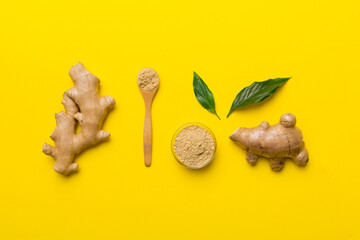 Finely dry Ginger powder in bowl with green leaves isolated on colored background. top view flat lay