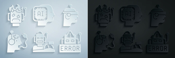 Set Robot humanoid driving a car, Smart glasses, charging battery, Error robot, Humanoid and burned out icon. Vector