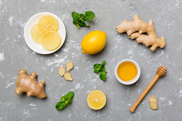 Natural cold and flu home remedies. Natural ingredients for immunity stimulation and viruses protection. top view flat lay