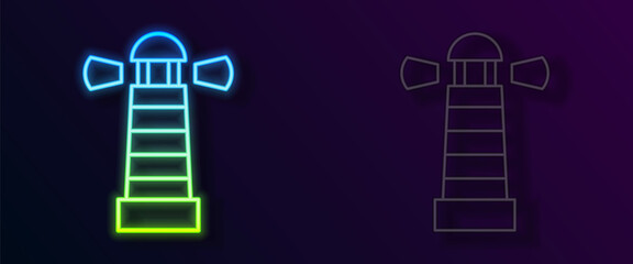 Glowing neon line Lighthouse icon isolated on black background. Vector