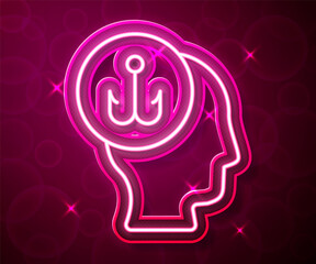 Glowing neon line Fisherman icon isolated on red background. Vector