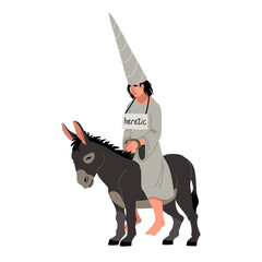 An unhappy heretic in a cone cap rides a donkey. Color vector illustration isolated on a white background in a cartoon and flat design. - obrazy, fototapety, plakaty