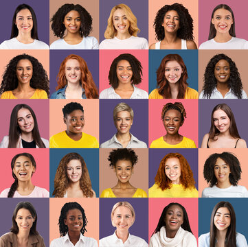 Diverse happy women of different hairstyles and looks portraits, smiling over various background