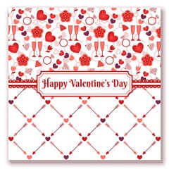 Banner for Valentines day with such romantic symbols as heart, rose, ring, cupid arrow. Horizontal composition with place for text. Holiday symbols in chaotic order above, diagonal grid below.