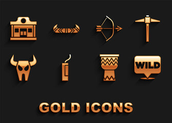 Fototapeta premium Set Dynamite bomb, Pickaxe, Pointer to wild west, Drum, Buffalo skull, Bow and arrow quiver, Wild saloon and Kayak or canoe paddle icon. Vector