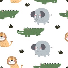Seamless pattern with african animals, decor elements. colorful vector for kids. hand drawing, flat style. baby design for fabric, print, textile, wrapper