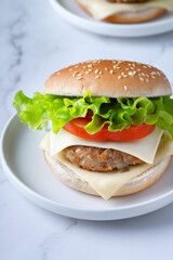 Fresh tasty burger on white background.