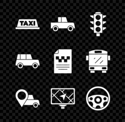 Set Taxi car roof, Car, Traffic light, Location with taxi, Gps device map, Steering wheel, and driver license icon. Vector