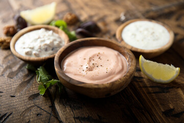 Assorted homemade sauces on the table