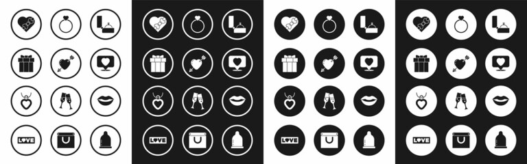 Set Diamond engagement ring, Amour with heart and arrow, Gift box, Candy shaped, Like, Wedding rings, Smiling lips and Necklace icon. Vector