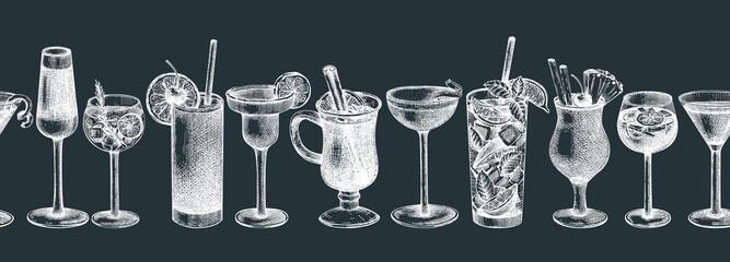 Hand-sketched cocktail illustration Vector sketches of alcoholic drinks in elegant glasses. Popular alcohol cocktails vintage hand-drawing. Perfect banner design for bar or restaurant menu
