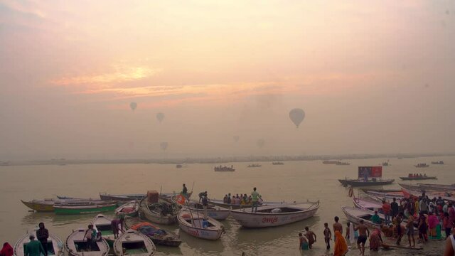 Hot Air Balloon flying over the ghats of Varanasi