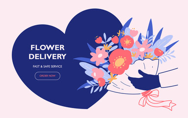 Flower delivery service banner. Courier wearing gloves while delivering. Landing page for flower store website.