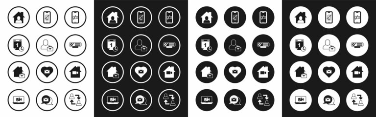 Set Video camera Off on mobile, Freelancer, Time management, Online working, Web, Mute microphone, home and icon. Vector