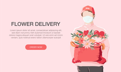 Flower delivery banner. Delivery man holding a flower bouquet. Safe delivery service by wearing medical mask and gloves against Covid-19.