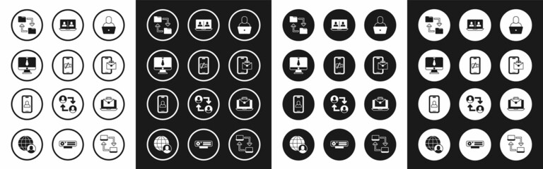 Set Freelancer, Video camera Off on mobile, chat conference, Cloud storage document folder, Online working and icon. Vector