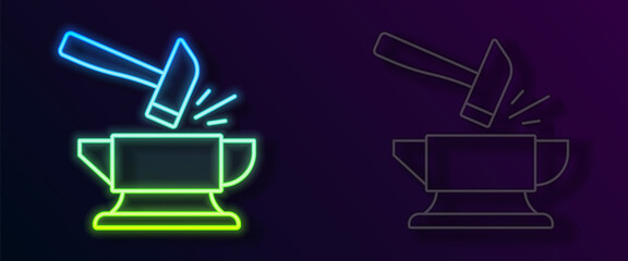 Glowing neon line Blacksmith anvil tool and hammer icon isolated on black background. Metal forging. Forge tool. Vector