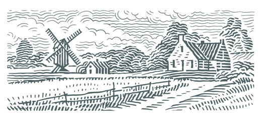 The house and the windmill in rural landscape monochrome line engraving style illustration. Vector. 