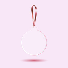 White transparent acrylic ornament with pink gold ribbon mockup template. Isolated on pastel pink background with shadow. Ready to use for your business. Realistic 3d vector illustration.