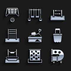 Set Sandbox with sand, Climbing wall, Kid playground slide pipe, bucket, Bungee, Swedish, Abacus and Soccer goal ball icon. Vector