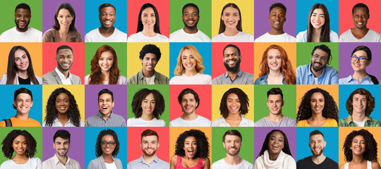 Fototapeta na wymiar Positive emotions set. Collage of multiracial millennials portraits on different colorful studio backgrounds
