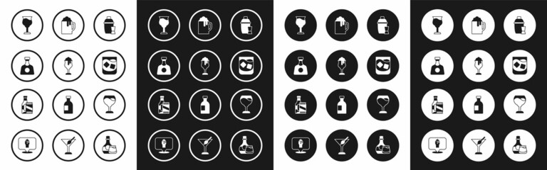 Set Cocktail shaker, Glass of beer, Tequila bottle, Wine glass, whiskey, Wooden mug, and Beer and can icon. Vector