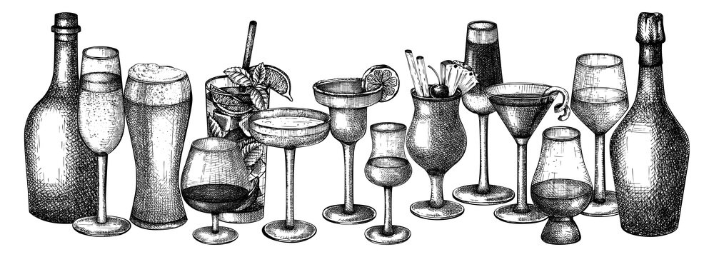 Bar banner or menu design with hand-sketched glasses and bottles. Vector sketches of alcoholic drinks and cocktails. Popular alcohol beverages hand-drawings for bar or restaurant branding.
