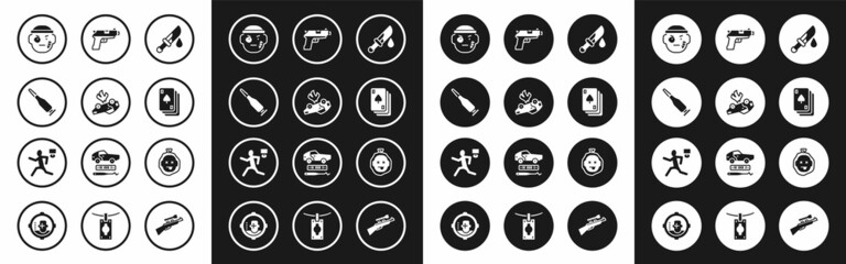 Set Bloody knife, Burning car, Bullet, Bandit, Playing cards, Pistol or gun, Murder and icon. Vector