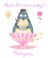 Greeting card design with adorable kawaii penguin bird sitting in vintage cup with heart, text and love symbols isolated on white background, concept for Valentine's Day holiday