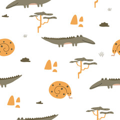 Vector seamless pattern with African animals. Trendy tropical design for textile