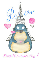 Greeting card design with adorable kawaii penguin bird with heart, Eiffel tower, text and love symbols isolated on white background, concept for Valentine's Day holiday