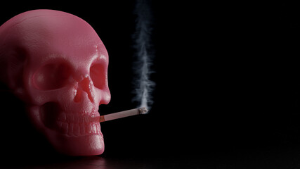 Pink skull smoking in the dark. light coming from side. Space for banner and logo or message. minimal concept, 3D Render.