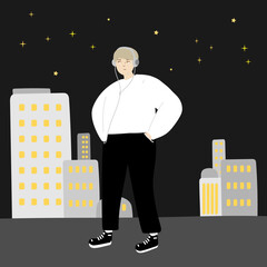 夜の街を　音楽を聴きながら　散歩する　男性