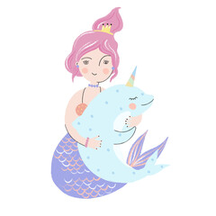Cute mermaid on white isolated background. Vector illustration