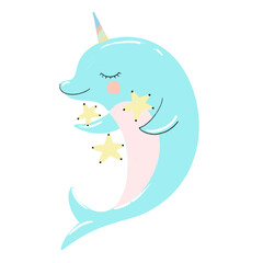 Cute narwhal on white isolated background. Vector illustration