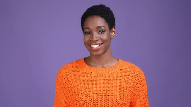Androgyne lady look toothy smiling isolated violet bright color background