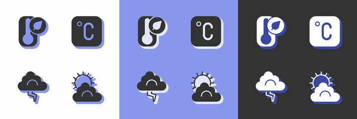 Set Sun and cloud weather, Thermometer, Cloud lightning and Celsius icon. Vector