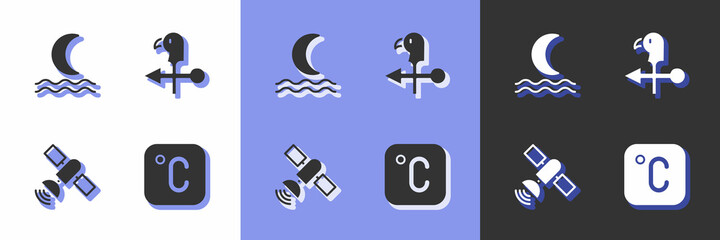 Set Celsius, Night fog or smoke, Satellite and Rooster weather vane icon. Vector