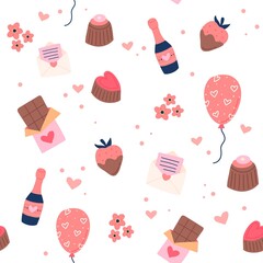 Valentine s day pattern with cute baloons, strawberry, love letters. Hand drawn vector illustration
