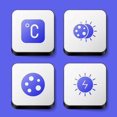 Set Celsius, Eclipse of the sun, Moon and Solar energy panel icon. White square button. Vector
