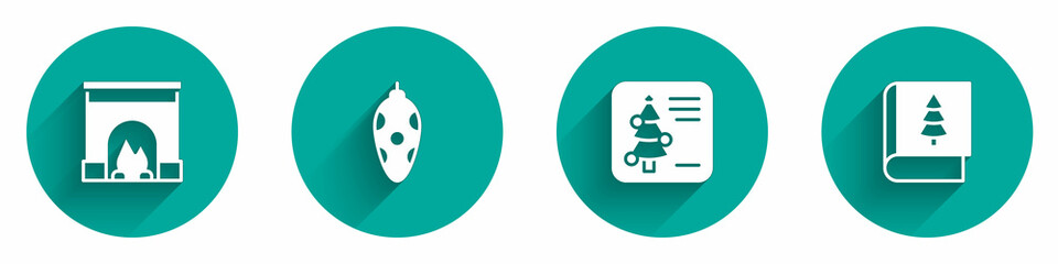Set Interior fireplace, Christmas toy, postcard and book icon with long shadow. Vector