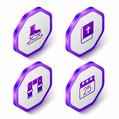 Set Isometric Skates, Holy bible book, Winter scarf and Christmas day calendar icon. Purple hexagon button. Vector