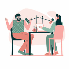 Podcast concept with characters created by two people. flat style illustration. hand drawn vector illustration.