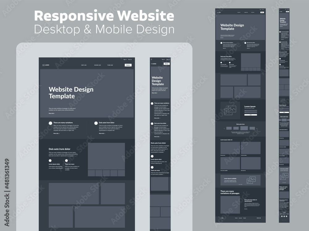 Sticker design website dark mode. desktop and mobile wireframe. landing page template.