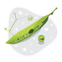 Cute vegetables characters kawaii for kids. Funny green pea. Flat cartoon, isolated, colorful vector illustration