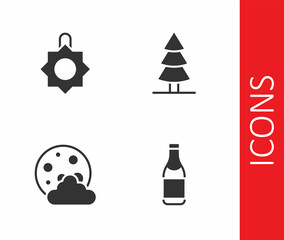 Set Champagne bottle, Christmas toy, night and tree icon. Vector