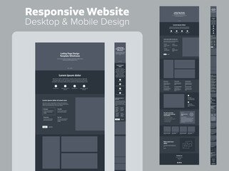 Design website dark mode. Desktop and mobile wireframe. Landing page template.