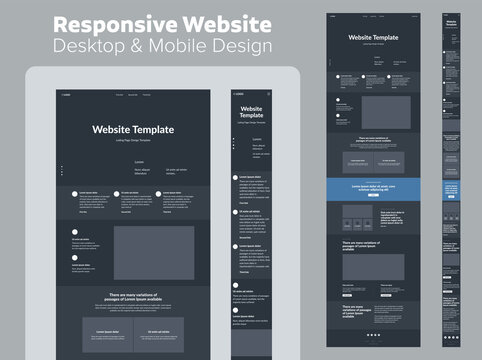 Design website dark mode. Desktop and mobile wireframe. Landing page template.