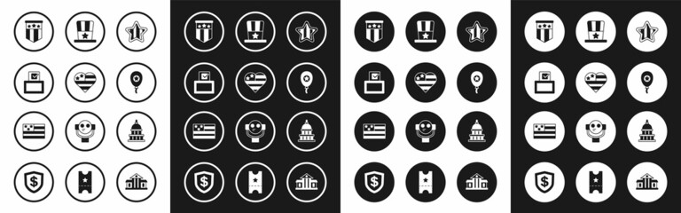 Set USA Independence day, Vote box, American flag, Balloons, Patriotic top hat, White House and icon. Vector
