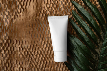Mockup facial skincare white tube bottle natural product on Honeycomb Environmental friendly...